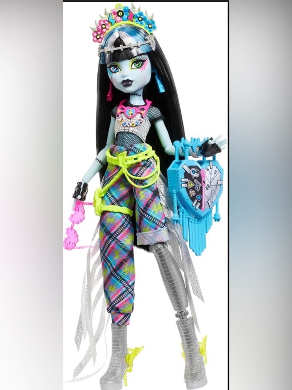 Monster High Ghoul Doll with Neon Plaid Outfit - Black Hair, Silver Skin